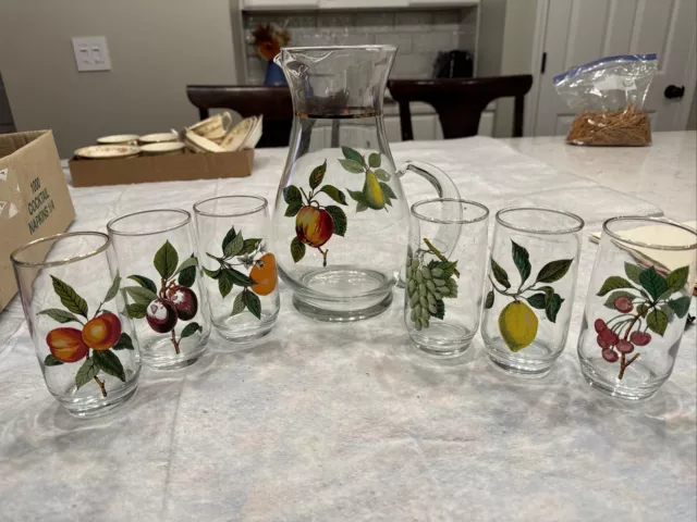 Vintage West Virginia 10” Glass Pitcher and 6 Matching Glasses Fruit Motif