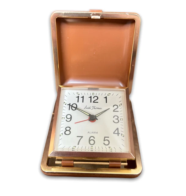 Seth Thomas Folding Wind Up MCM Travel Alarm Clock Taiwan Brown Clamshell Case