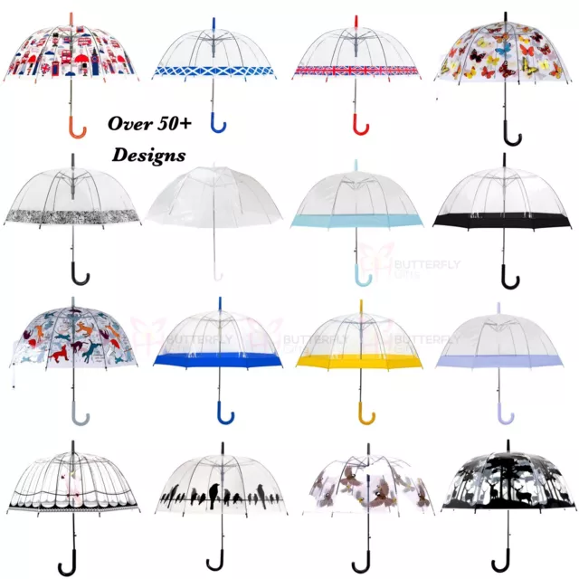 Ladies Birdcage Rain Strong Umbrella Walking Length Clear Dome Brolly Border