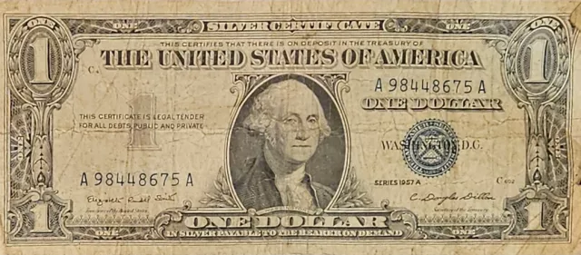 1957 One Dollar Blue Seal Series B note silver certificate  old  U .S. Bill $1