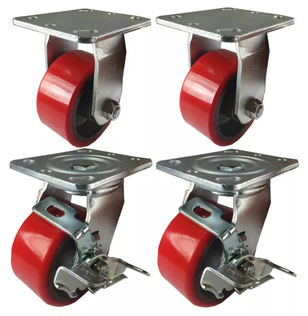 4" Heavy Duty Cast Iron Hub Non Skid Mark Wheels 2 Swivel Brake & 2 Rigid