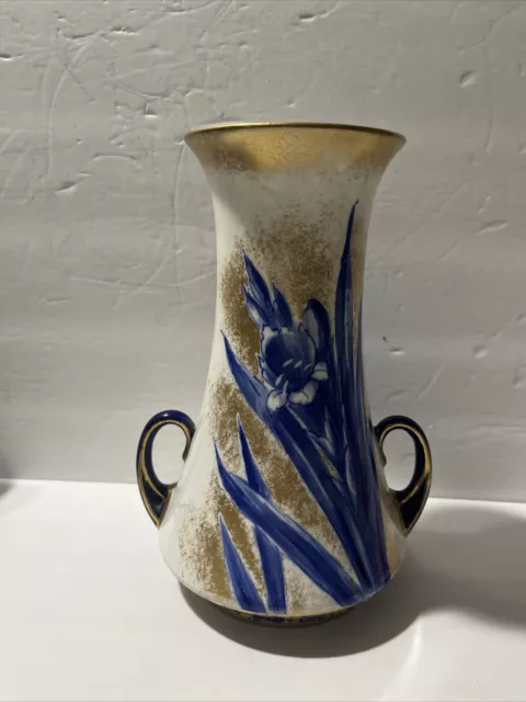 RARE Unique Antique Royal Doulton hand painted Gold, Blue Flowers vase  C1911