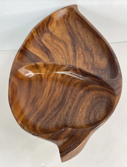 Vintage Genuine Leilani Monkey Pod Wood Leaf Large Tray Bowl Handcrafted 15.5”