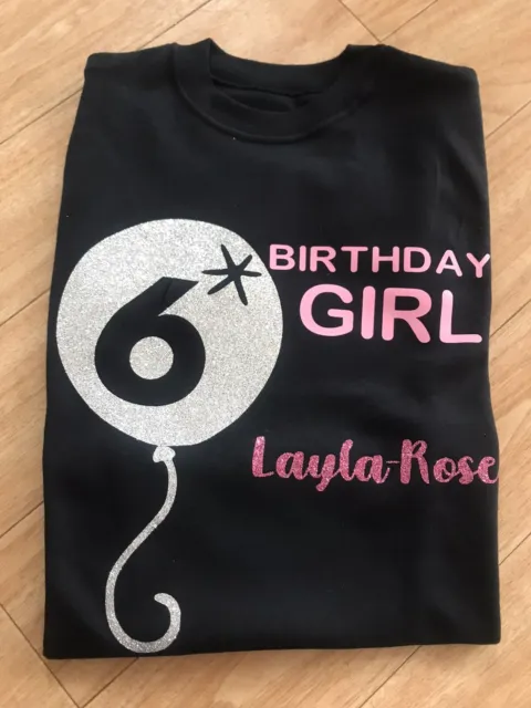 Birthday Girls Top Outfit Tshirt Black Six Balloon Glitter 3 4 5 6 personalised