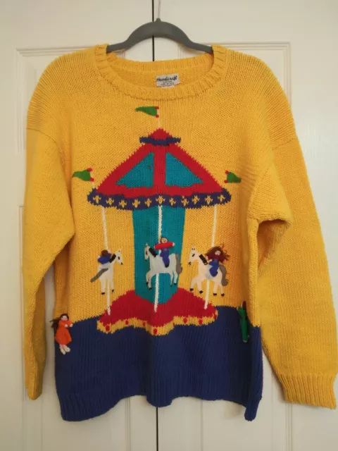 Vintage Women's Handicraft Yellow Knit Sweater w 3D Elements Made in Peru Size M