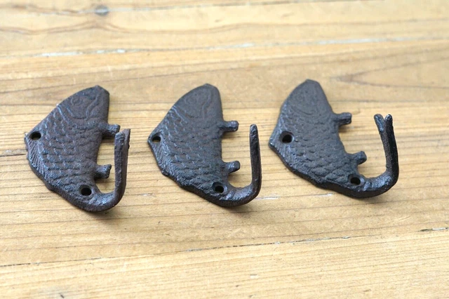 3 Fish Wall Hook Coat Hat Towel Beach Koi Hooks 4 3/4" Rustic Cast Iron Bath