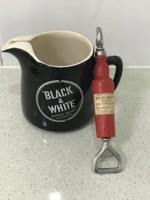 Vintage  Black & White collectable Scotch Whisky  Water Jug and opener