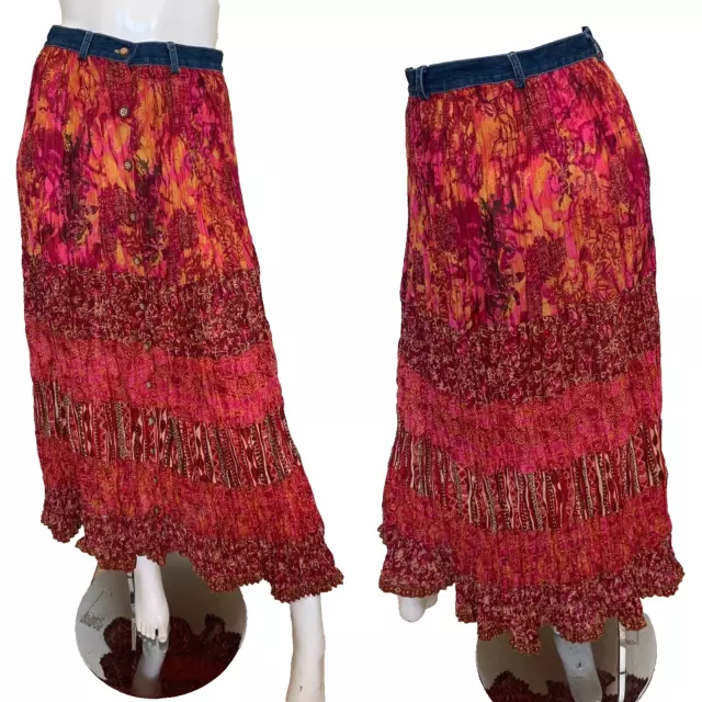 VINTAGE 90S Y2K Peasant Skirt Tiered Red Pink Floral Gauze Maxi SIze 6 ...