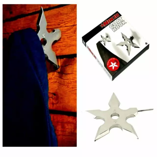 NINJA COAT HOOK Metal Wall Clothes Hanger Shuriken Novelty Throwing Star Dart