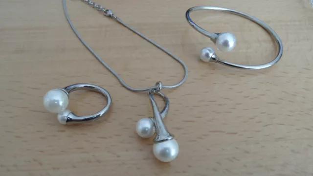 TAMARIS Schmuck-Set KETTE, RING und ARMREIF Silber mit Perlen - WIE NEU!