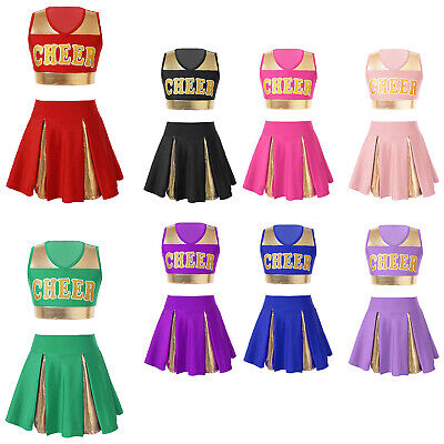 Girls Cheer Leader Uniform Cheerleading Cosplay Party Outfit Crop Top with Skirt