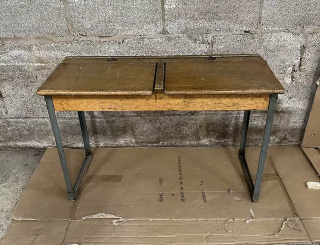 Original Vintage Old Wooden School Desk Two Opening Lids.