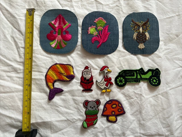 Lot Of 9 Vintage Iron On Sew On Patches Santa Owl Whale Mushroom Christmas