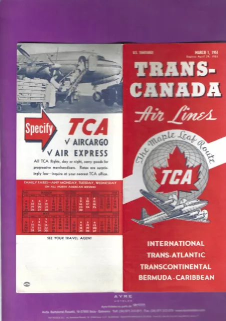 TCA Trans Canada Airlines March. 1. 1951. inter/l schedules Timetable