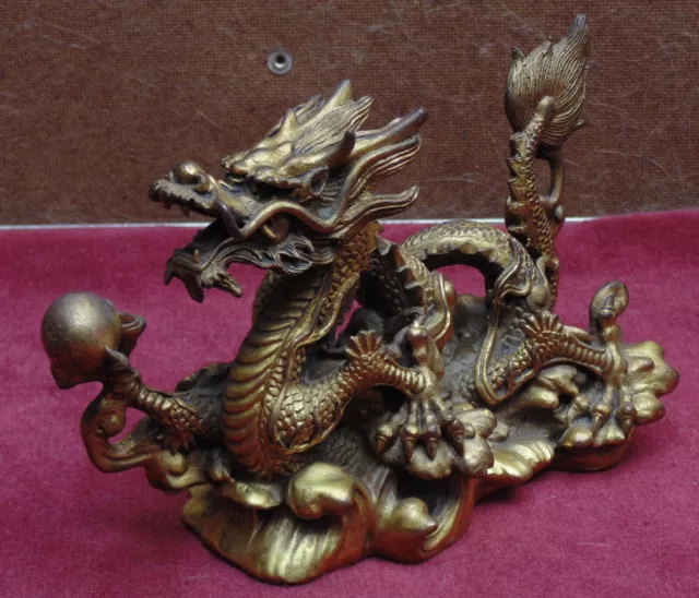 rare magnifique ancien grand dragon chine en bronze très fin détail patine or