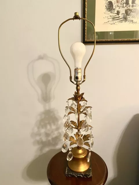 MCM Hollywood Regency Italian Style Tole Lamp Gilt Metal Leaves Crystal Prisms