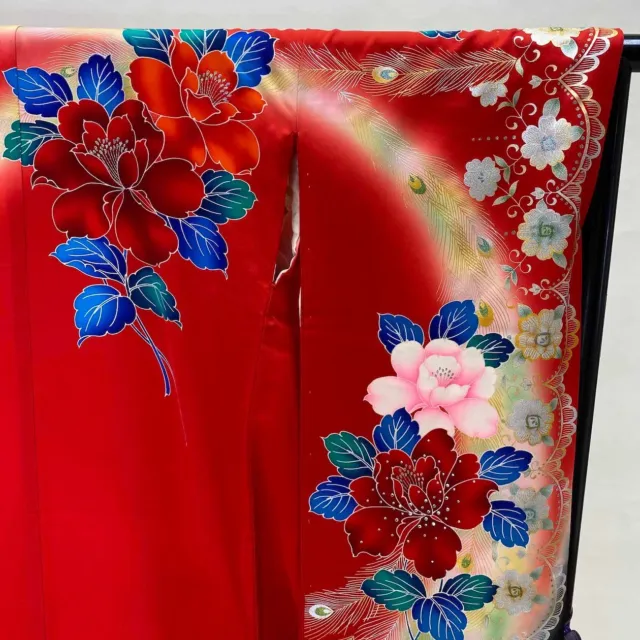 Furisode Color Uchikake VINTAGE Japanese Kimono Silk red classic G-694 3
