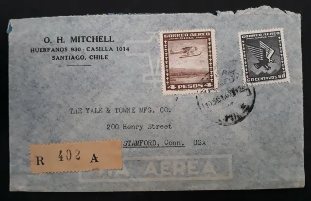 1947 Chile Registered Airmail Cover ties 2 stamps from Santiago to USA