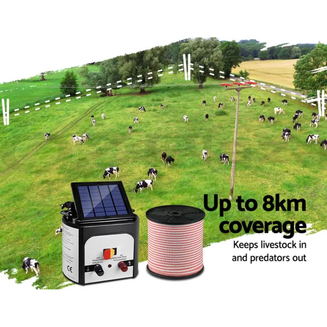 Giantz Electric Fence Energiser 8km Solar Charger set 0.3j Farm Animal with Wire 3