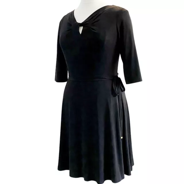 Tahari 3/4 Sleeve Twisted V-Neck Belted Flare Black Jersey Dress Size 12