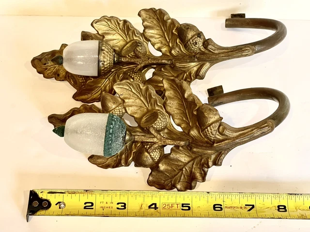 PAIR Rare Antique Victorian Glass Acorn Gilt Brass Curtain Drapery Tie Back 4