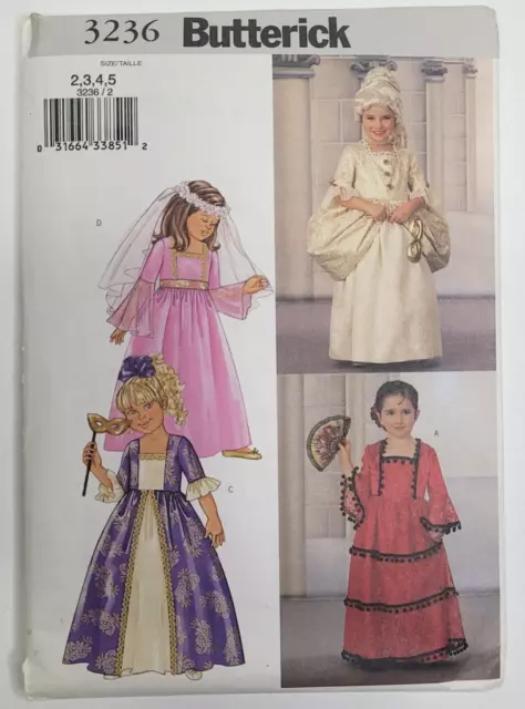 Butterick Pattern 3236 Girls Renaissance Princess Costumes Size 2-5 UNCUT