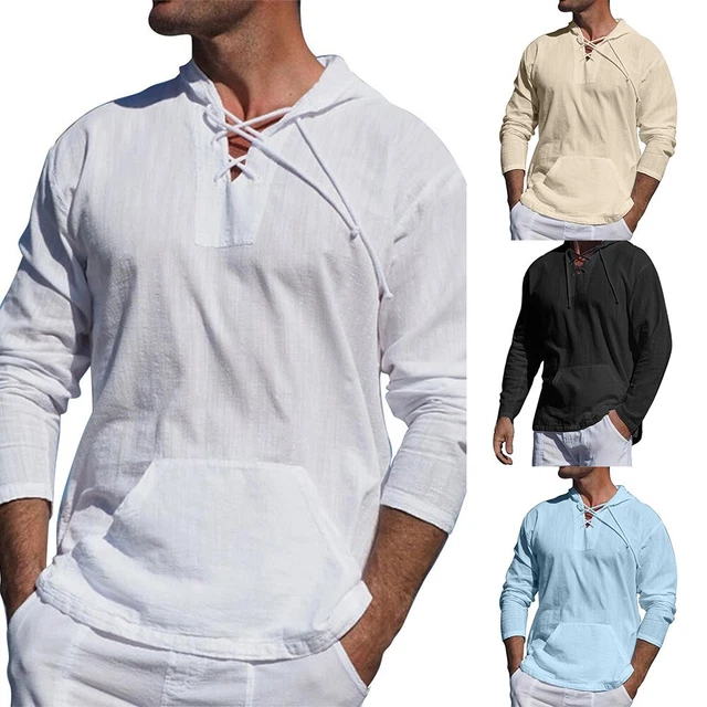 Uomo T-Shirt con Cappuccio Pullover Solido Colore Top Casual Comodo Cotone Lino
