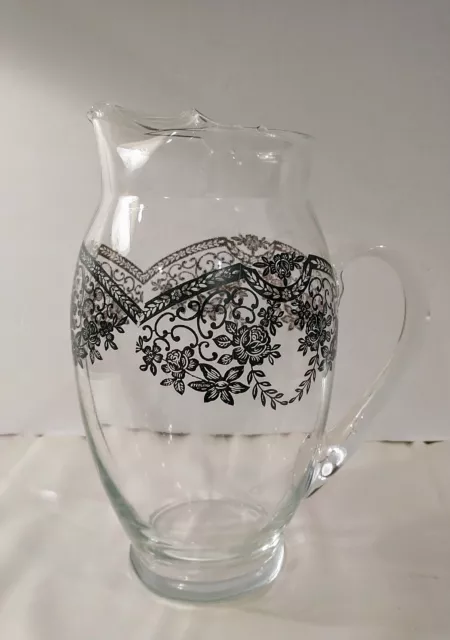 Glass Pitcher With Floral Sterling Silver Overlay & Ice Lip Clear Vintage 10.75"