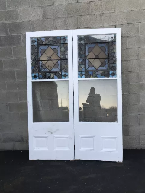 Cm 711 Pair Antique Stained Glass Double Doors 64 X 88.5 X 1 5/8