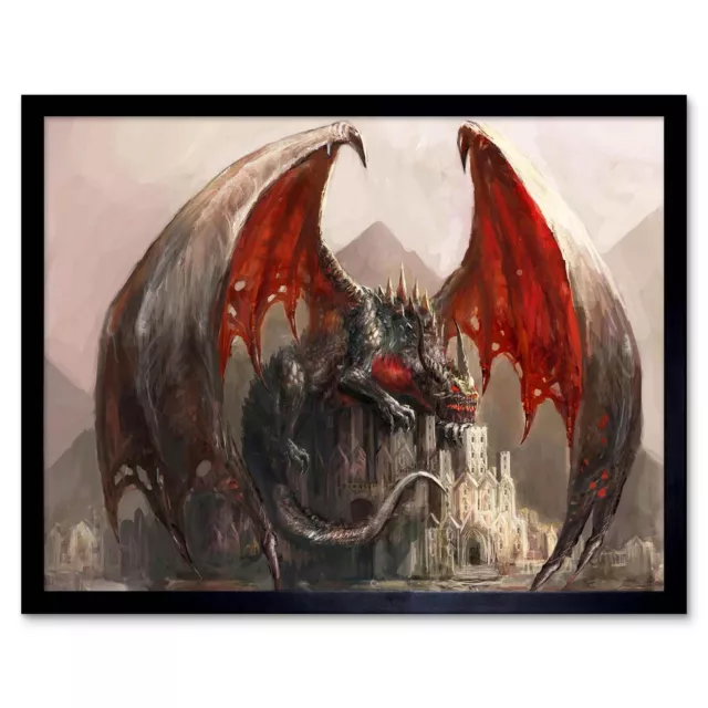Painting Illustration Fantasy Dragon Castle Wings 12X16 Inch Framed Art Print