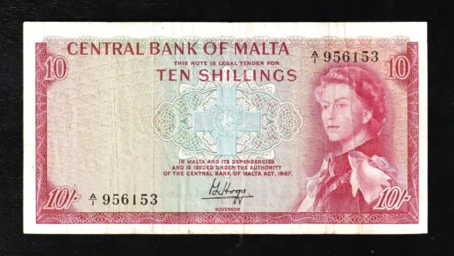 🇲🇹 Malta,1967 (ND)  Central Bank, QE II 10 Shillings P-28a " A/1 *****