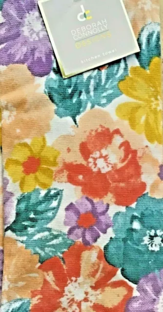 CYNTHIA ROWLEY KITCHEN TOWELS (2) BLUE PINK GREEN GOLD FLOWERS 100% COTTON  NWT