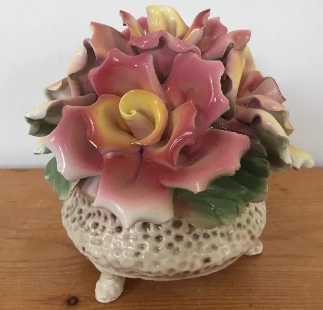 Vintage Italian Capodimonte Porcelain Red Yellow Rose Bloom Footed Base Bouquet