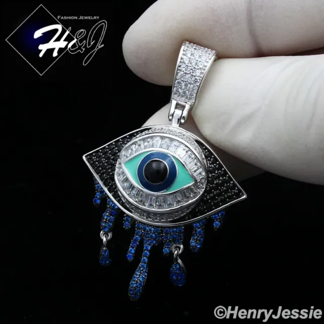 925 Sterling Silver Icy Bling Cz 3D Black Blue Evil Eye Teardrop Pendant*Sp356