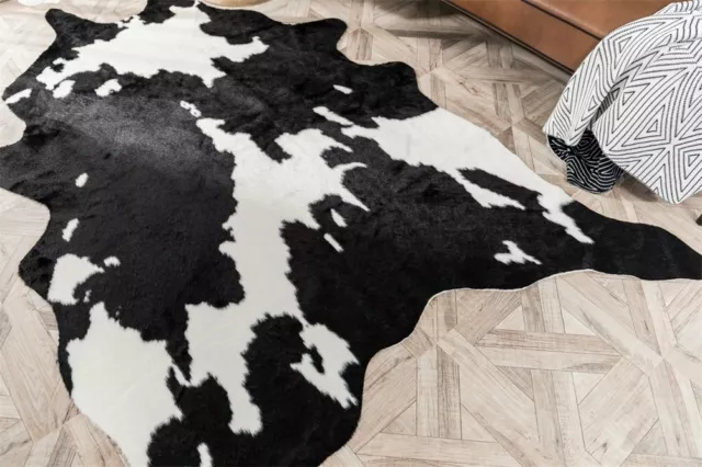 LARGE FAUX FUR COWHIDE RUGS LEATHER BLACK COW HIDE SKIN AREA CARPET 5x6.5 FEET