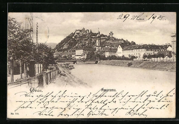 Graz, Panorama vom Flussufer aus, Ansichtskarte 1905