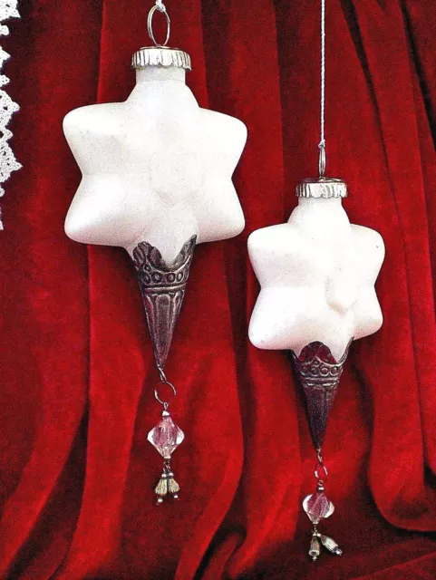 ❀ 2 x Stern Hängedeko Weiß Silber Glas 14cm Groß Vintage Christbaumschmuck #32