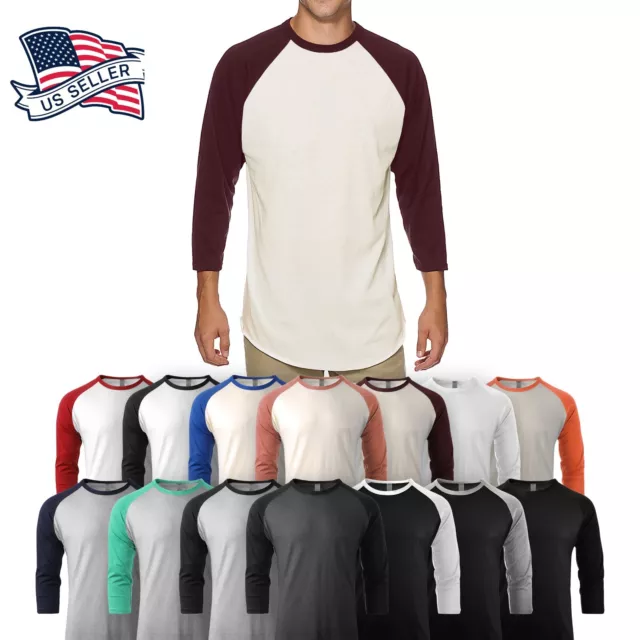 Mens Baseball RAGLAN T Shirts 3/4 Sleeve Tee Plain Team Sport Jersey Solid Casua