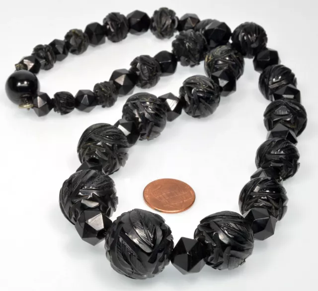 Antique Victorian Carved Whitby Jet Bead Necklace C.1860