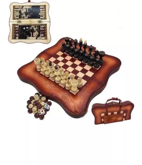 Chess, checkers and backgammon, gift set, handmade