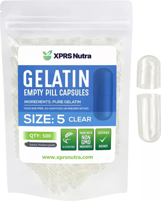 Size 5 Clear Empty Gelatin Pill Capsules Kosher Gel Caps Gluten-Free USA Made