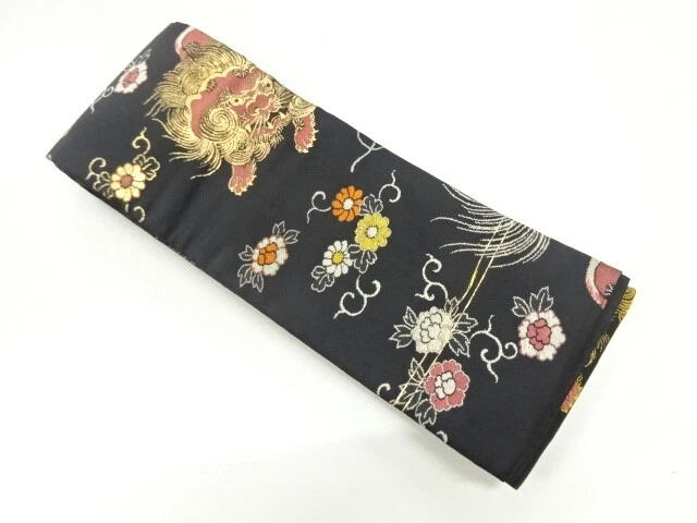 47992# Japanese Kimono / Antique Hanhaba Obi / Taisho Roman Style / Woven Lion