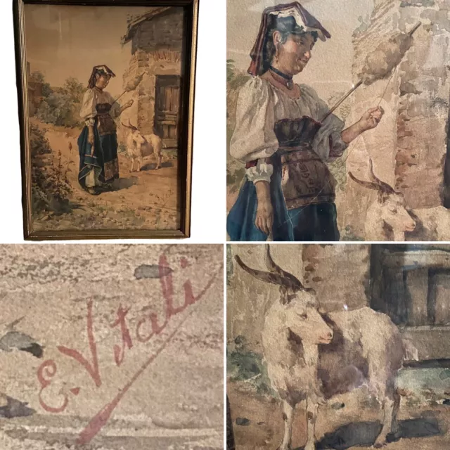 19th Century Italian Artist EDOUARDO VITALI Watercolor Painting Signed E. Vitali