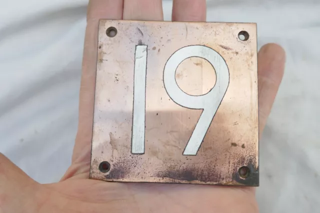 Antique Authentic Door number 19 Patinated Bronze Plate Inset Enamel 3X3" 1900s