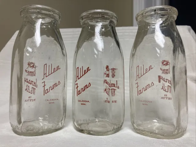 3 VINTAGE HALF Pint Milk Bottles Allen Farms Dairy Caledonia Minnesota ...