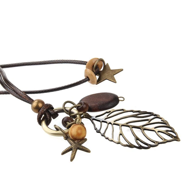 Filigree Hollow Leaf Pendant Braided  Cord Sweater Clothing Necklace