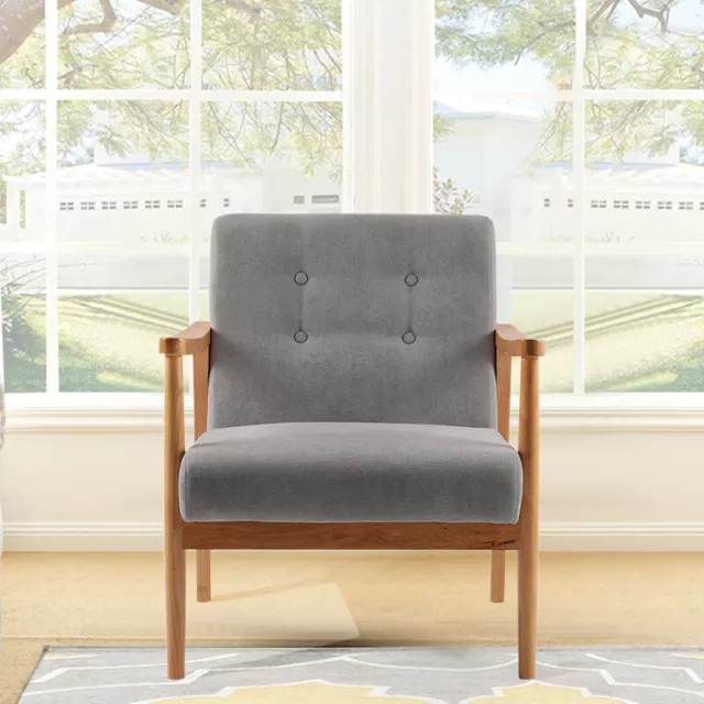 Scandinavian Wooden Frame Armchair Fabric Upholstered Button Chair Fireside Sofa