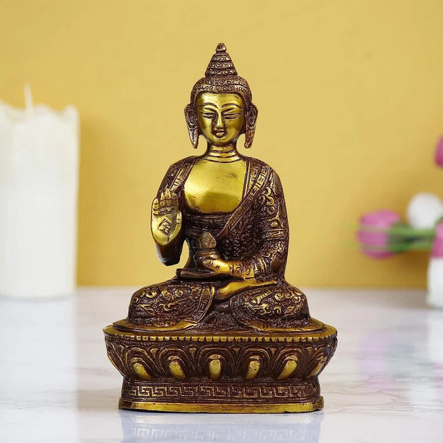 Golden and Brown Brass Meditating Blessing Lord Buddha Statue, Religious Idol