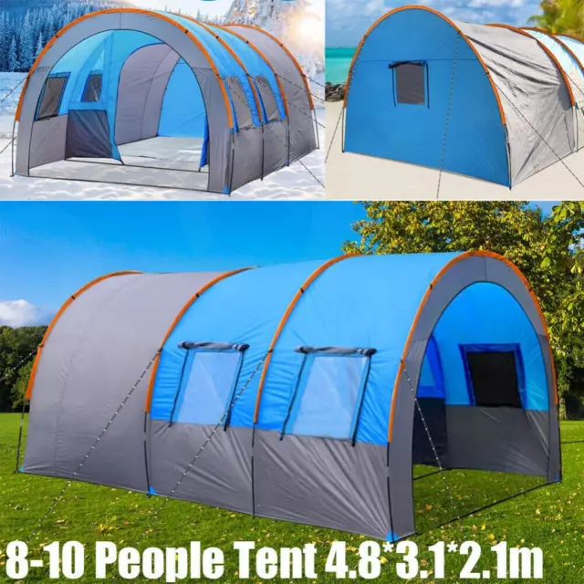 8-10 People Large Tent Outdoor Double Layer Tunnel Camping Family Party Tent