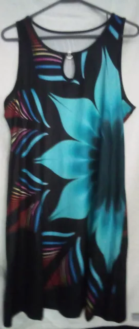 Floral Print Ring Tank Dress Black & Turquoise Womens XXL Casual KeyHole Style